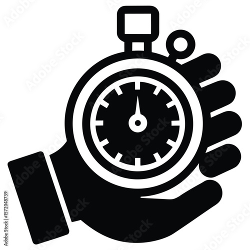 Black silhouette illustrates a classic stopwatch held in a stylized hand on a transparent backdrop