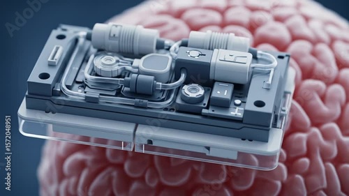 Futuristic brain implant technology: A detailed view of neural interface device on a human brain model