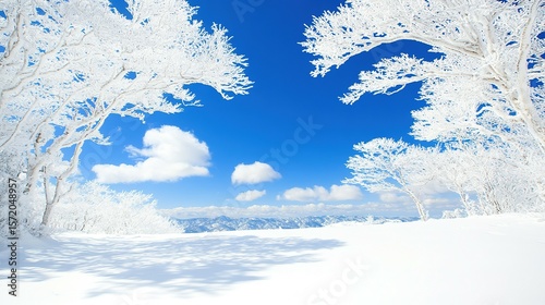 A winter wonderland scene with snow-covered trees against a clear blue sky.