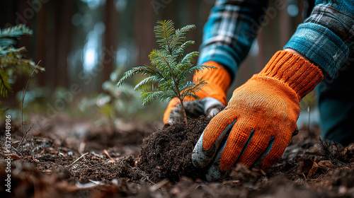 Gloved hands carefully plant a vibrant green sapling into rich forest soil, symbolizing hope for a sustainable future.