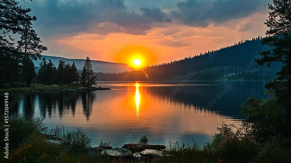 Serene lakeside sunset with reflective waters and silhouette mountain range backdrop