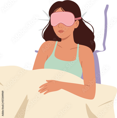 Woman in pink sleep mask resting in bed relaxing and calm vector illustration