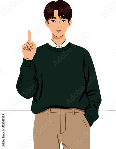 Young man pointing finger up in casual green sweater and beige pants vector illustration