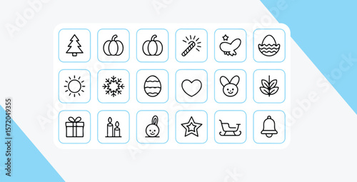Festive icons including tree pumpkin sun snowflake egg heart bunny gift sparkler