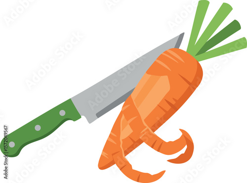 Carrot with green stem being peeled by kitchen knife vector illustration
