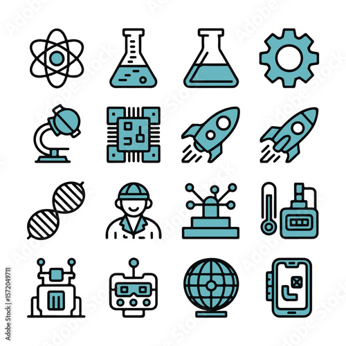 Science technology and innovation icons atom flask