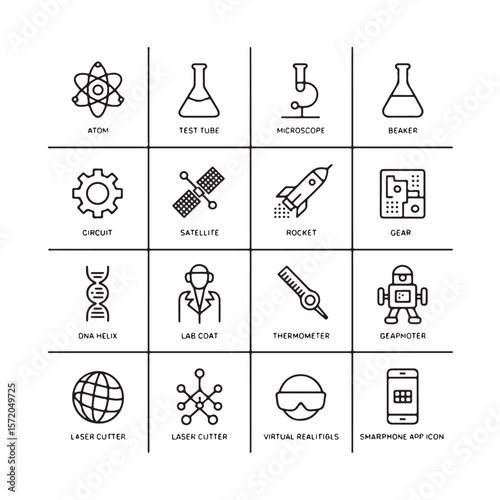 Science Technology Icons Atom Beaker Microscope Rocket D N A test tube