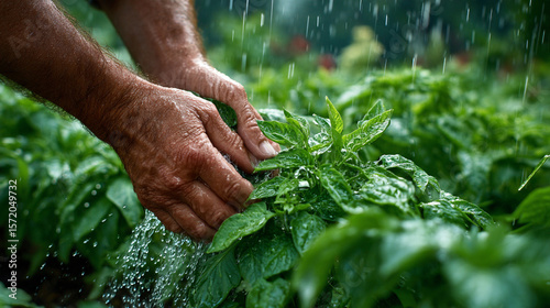 Weathered hands gently nurture vibrant green plants under a refreshing shower of water.