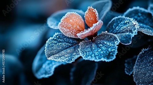 Frozen leaves, frost-covered in vibrant colors.  Close-up of icy plant foliage