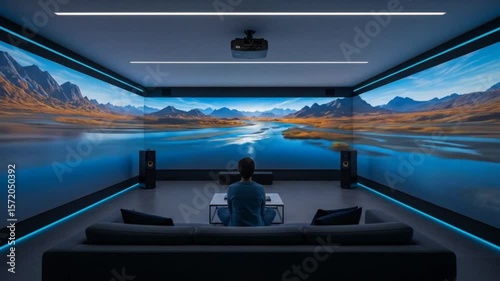 Immersive Home Theater Experience: Man Watching Landscape Video on Surround Screen with Projector