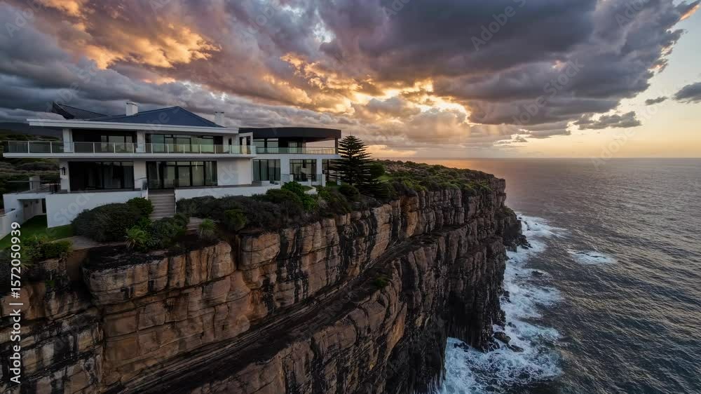 Dramatic sunset sky illuminating a modern luxury house perched on a cliff, offering stunning views of the ocean and creating an idyllic coastal landscape filled with tranquility Dramatic sunset sky illuminating a modern luxury house perched on a cliff, offering stunning views of the ocean and creating an idyllic coastal landscape filled with tranquility