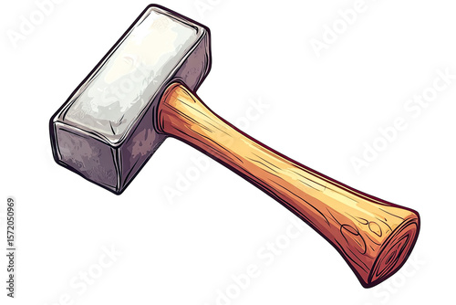 A Hand-drawn Illustration Of A Traditional Wooden-handled Hammer With A Silver Metal Head