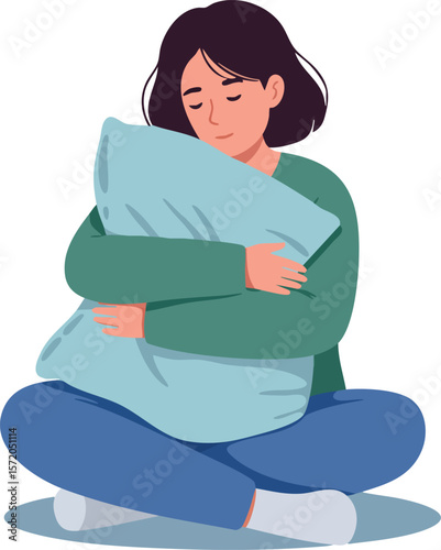 Young woman hugging blue pillow sitting cross legged casual comfort vector illustration