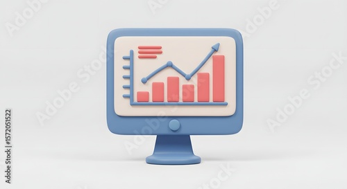 Upward trending bar and line graph displayed on a 3D rendered computer monitor, illustrating positive growth and progress.