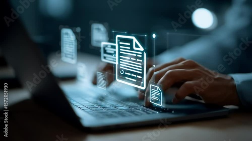 Professional Hands Typing on Laptop with Floating Digital Documents with ai generated