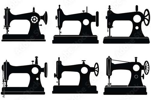 Collection of six black silhouette vintage sewing machines on a white background