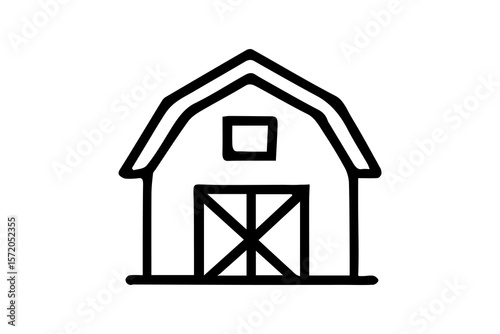 The barn has a peaked roof with a small rectangular window at the top center and a large double door at the front, featuring a classic "X" design on each panel