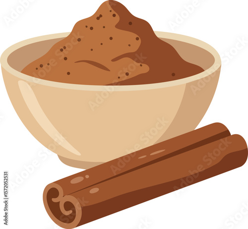 Cinnamon powder and cinnamon stick natural spice ingredient vector illustration image