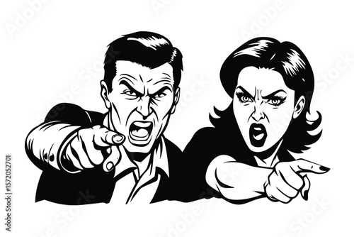 Angry Couple Pointing in Pop Art Comic Style. Dramatic Retro Vector Illustration
