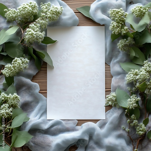 Blank paper framed by pale blue fabric and greenery