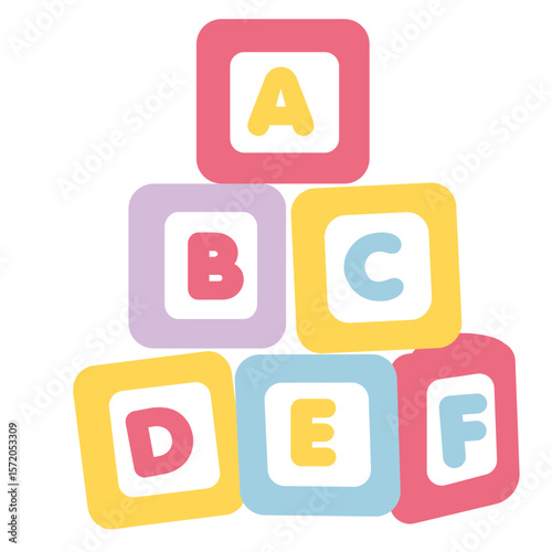 A stack of six bright alphabet blocks labeled A to F. Fun and educational design for children’s media, learning apps, or preschool material.