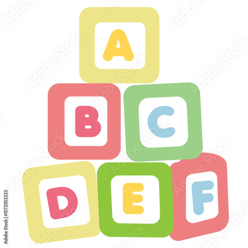  Stacked educational alphabet blocks with letters A to F in cheerful colors. Ideal for early learning, school graphics, or educational content for children.