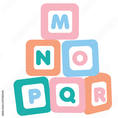 Colorful blocks arranged in a pyramid showing letters M to R. Fun flat vector design for kids learning, school visuals, and playful education themes.