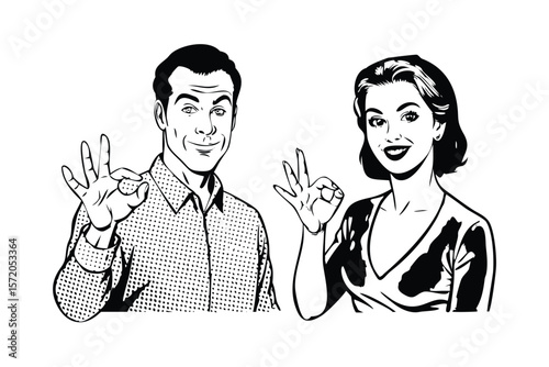 OK Hand Sign Couple in Pop Art Comic Style. Retro Vector Illustration with Confident Pose