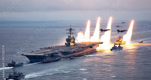 Naval fleet in action on the open sea