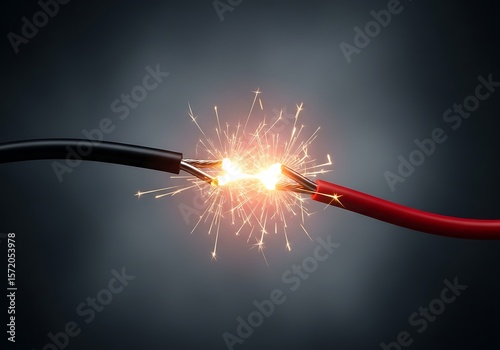 Two exposed electrical wires sparking with bright orange and yellow energy against a dark background