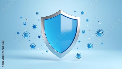 Immune System Protection: A 3D Render of a Shield Deflecting Viruses