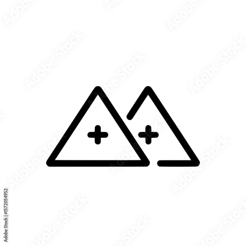 Black icon of triangular mountain caution sign indicating danger zone, hazard, or steep terrain warning