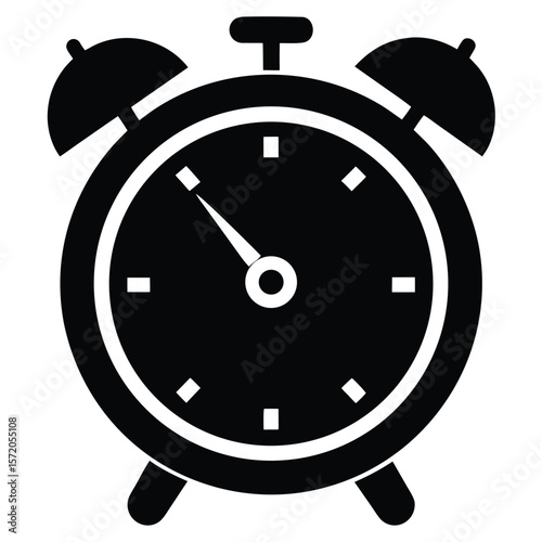 Classic monochrome alarm clock shows ten minutes to the hour within this transparent image