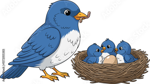 Cartoon blue bird feeding chicks in nest with egg, cute animal family concept, perfect for nature, wildlife, and education designs