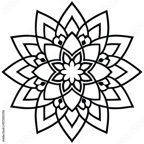 Symmetric stylized floral mandala presents intricate geometric patterns in bold black lines