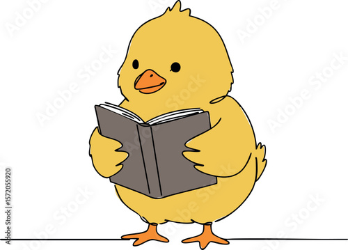 Cute yellow chick reading book vector illustration with simple line art style