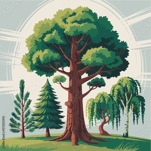 Majestic ancient oak tree with sprawling branches and weeping willows pine evergreen