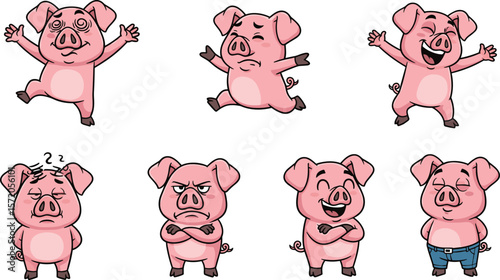 Cute cartoon pig character set with various emotions and expressions, perfect for children’s designs, farm themes, comics, and animation