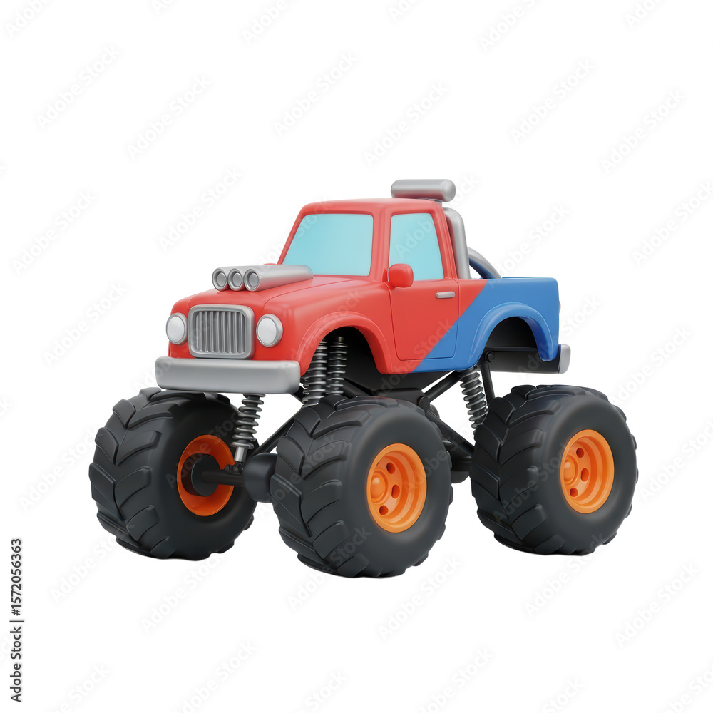 Obraz premium Colorful Toy Monster Truck with Large Wheels and Bright Red and Blue Body for Kids Play
