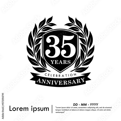 35th years anniversary celebration emblem. congratulations anniversary black logo isolated with laurel wreath and ribbon and frame. vector illustration template design for web banner