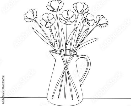 Flowers in Vase Line Art Black and White Minimalist Floral Illustration Vector