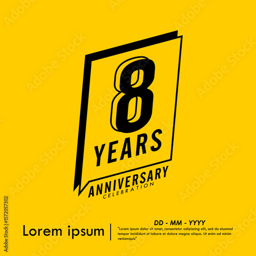 8th years anniversary celebration emblem. congratulations anniversary black logo isolated with ribbons on yellow background. vector illustration template design for web banner.