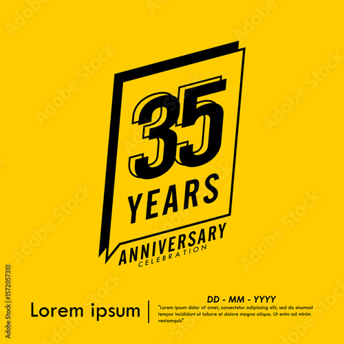 35th years anniversary celebration emblem. congratulations anniversary black logo isolated with ribbons on yellow background. vector illustration template design for web banner.