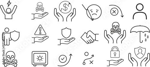 Set of Risk Management and Security Line Icons – Financial Safety, Protection, Warning, Compliance, and Strategy Symbols