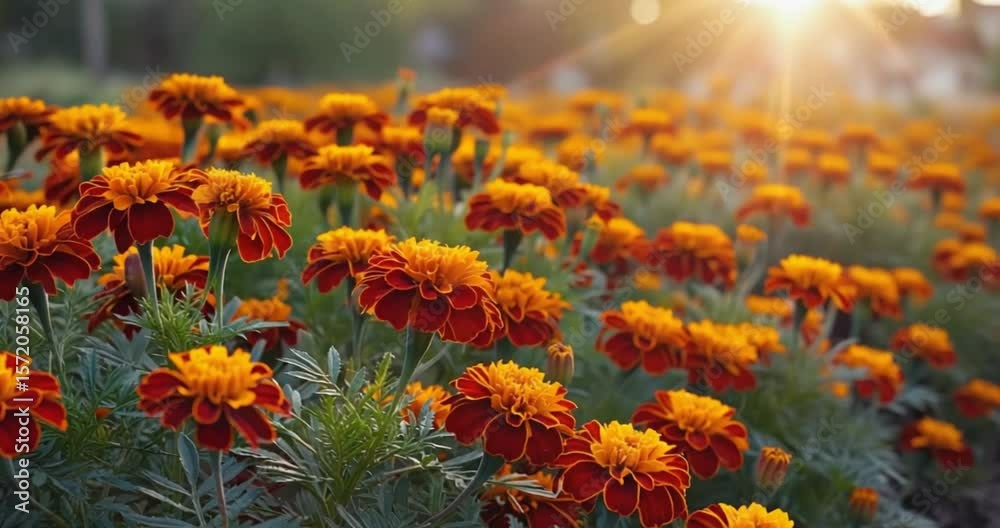 Vibrant marigold blossoms in a garden setting, bathed in golden sunlight