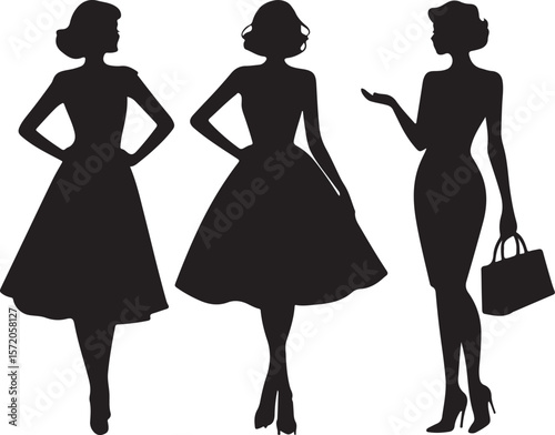 Elegant women silhouettes in dresses and holding handbag fashion