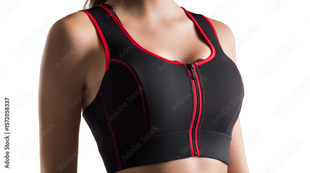 Woman displays black sports bra with red trim on transparent background.