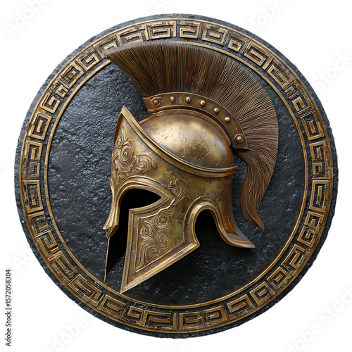 Ancient greek spartan helmet and shield emblem with meander pattern isolated on transparent background