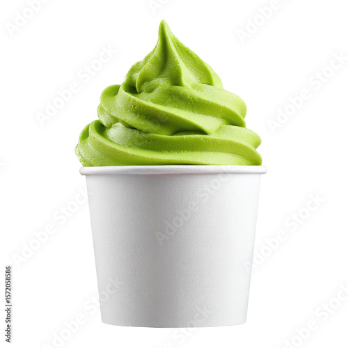 Matcha soft serve ice cream in paper cup isolated on transparent background cutout