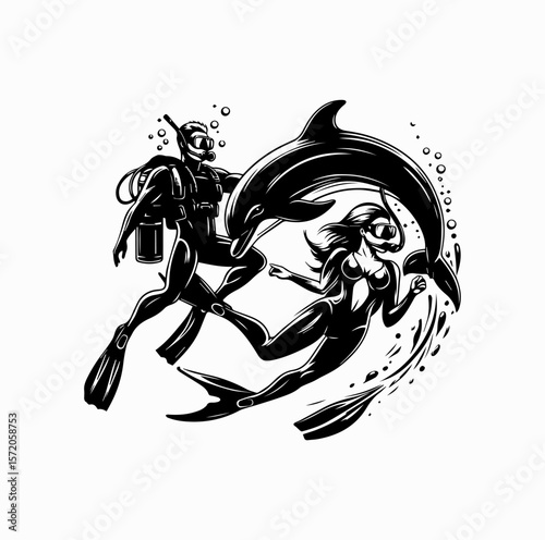 Male and Female Scuba Divers with Dolphin Logo Vector Isolated on White

